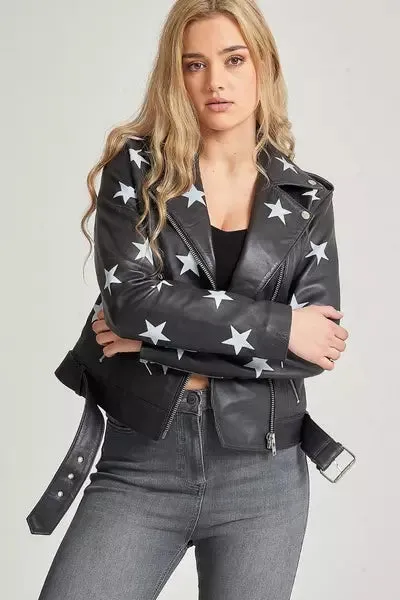 Stars Style Black Leather Biker for Women