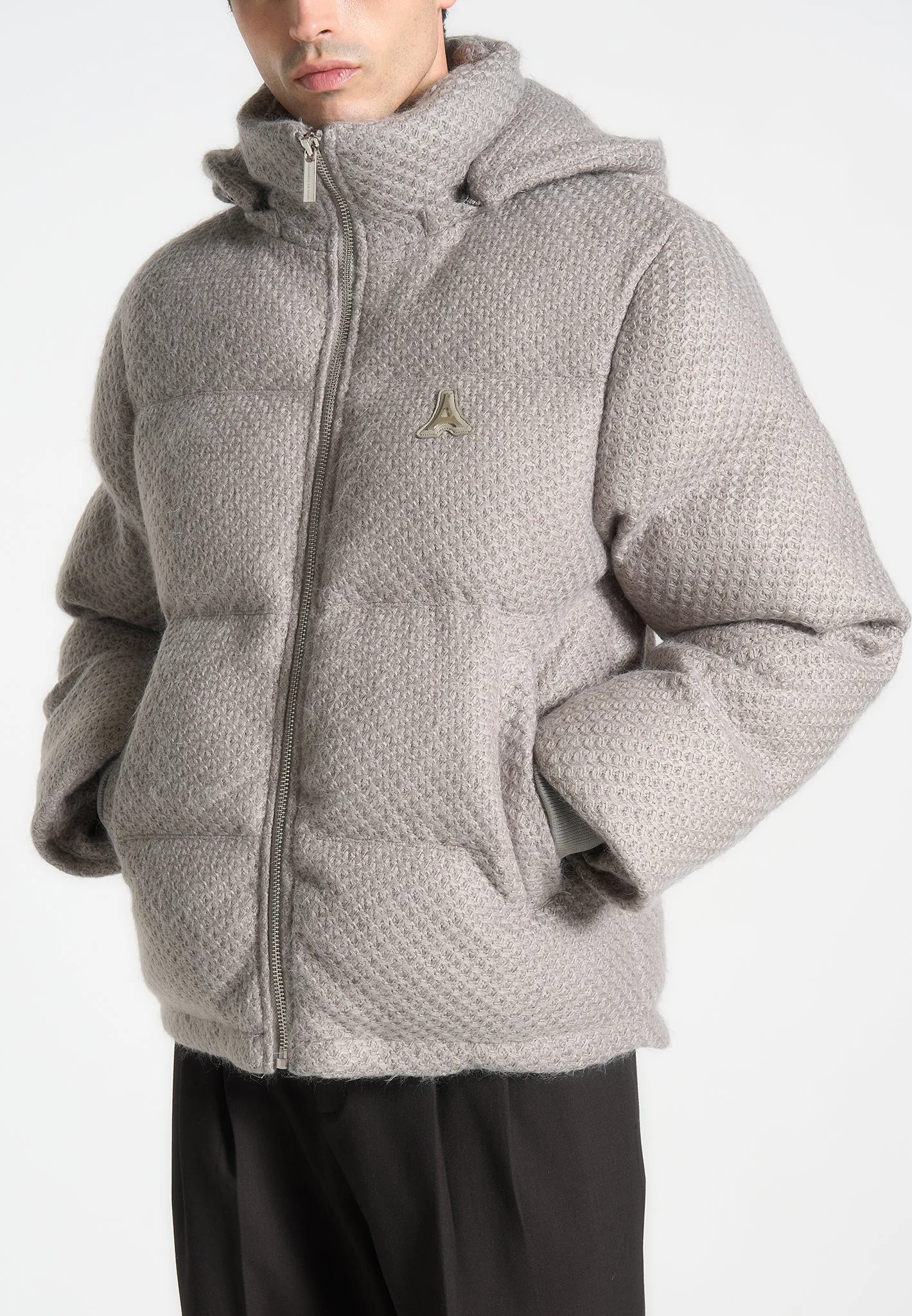 Textured Knit Puffer Jacket - Grey