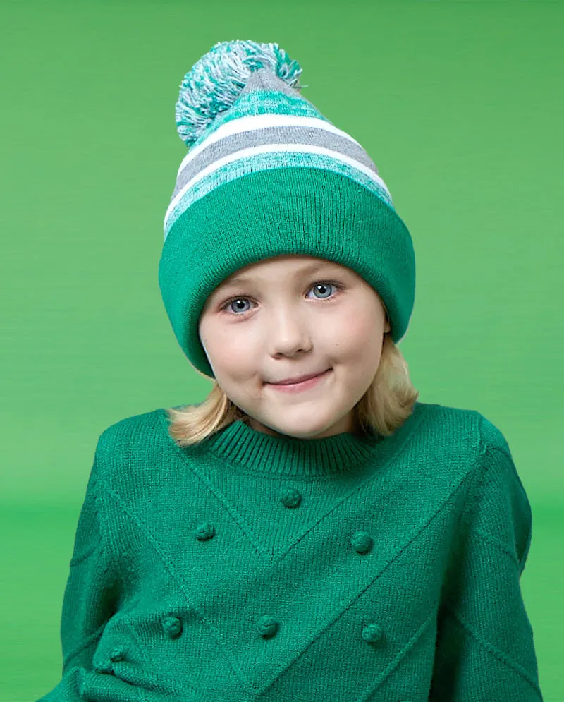 The Hat Depot Kids - Pom Pom Knit Stripe Beanie