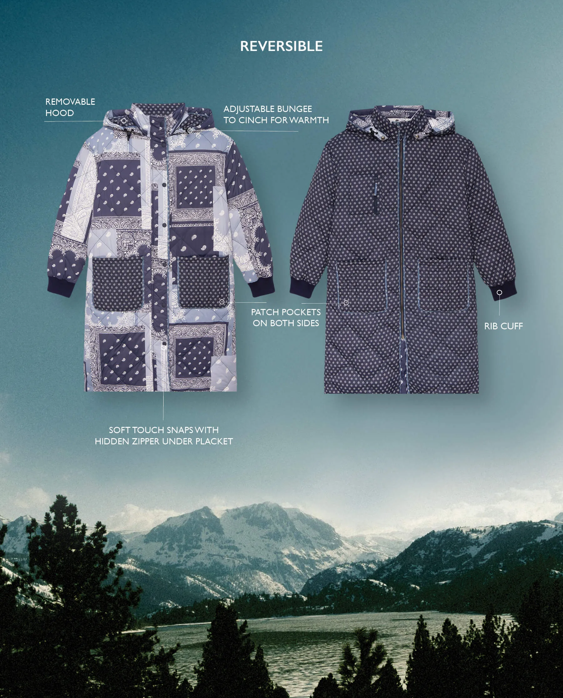 The Reversible Down Storm Puffer. -- Patchwork Bandana and Dewdrop Floral