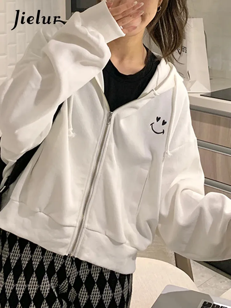 Thin Short Hoodies Women Korean Autumn Causal White Black Sweatshirt Hooded Long Sleeve Streetwear Embroidery Jacket M-XL