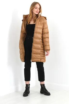 TOFFEE LONGLINE BELTED FAUX FUR HOOD DETAIL PADDED COAT