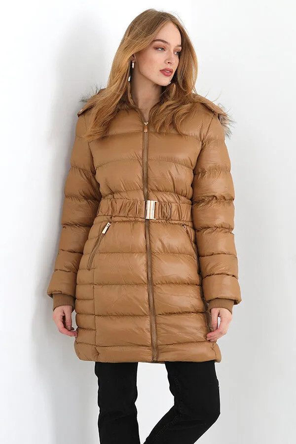 TOFFEE LONGLINE BELTED FAUX FUR HOOD DETAIL PADDED COAT