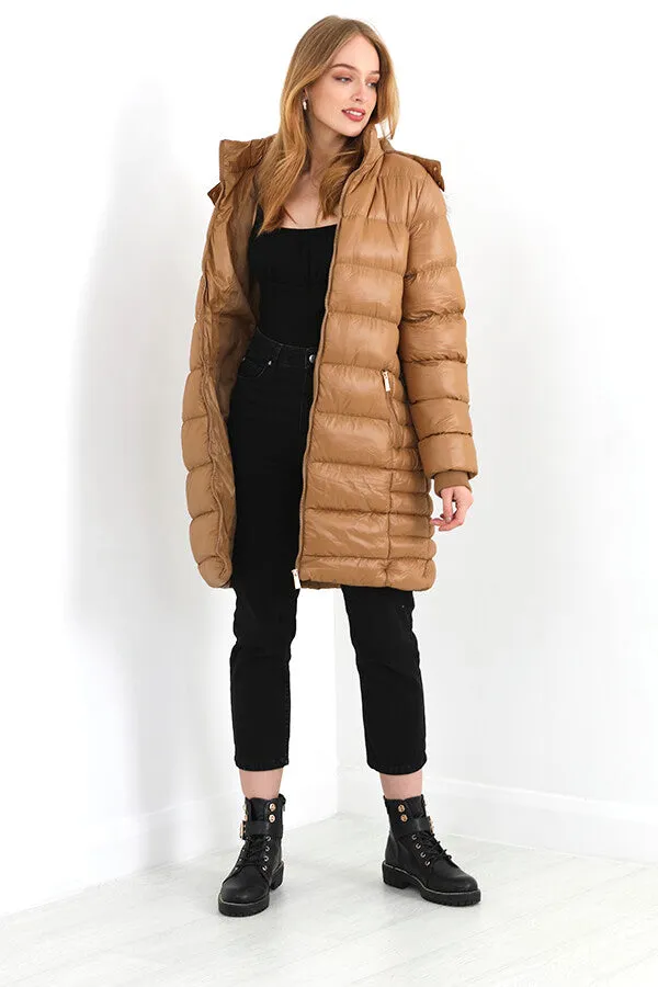 TOFFEE LONGLINE BELTED FAUX FUR HOOD DETAIL PADDED COAT