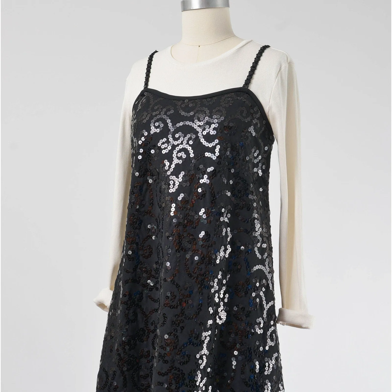 Vintage 90s Black Sequin Slip Dress Spaghetti Strap Evening Party A-line Shift Dress size S