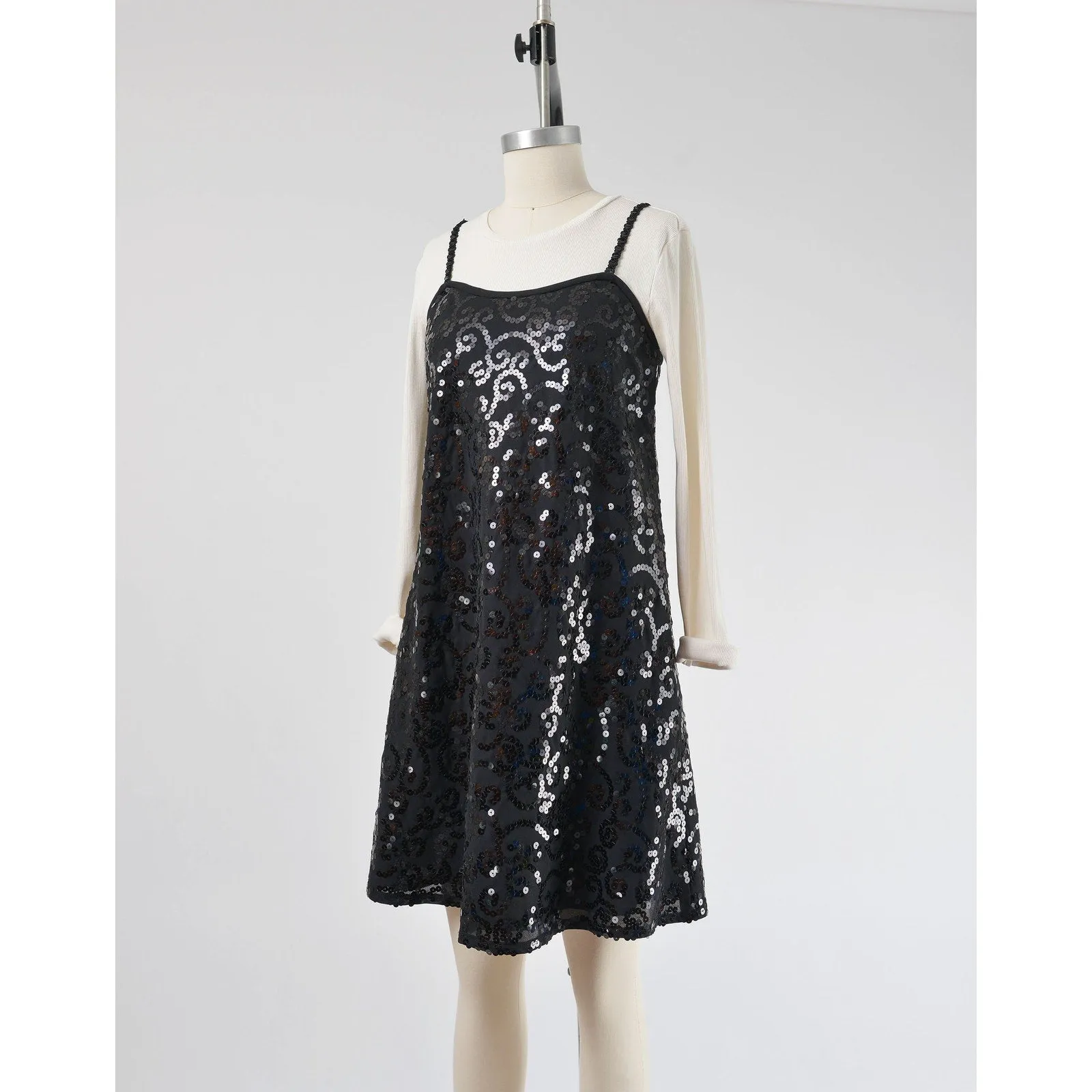 Vintage 90s Black Sequin Slip Dress Spaghetti Strap Evening Party A-line Shift Dress size S