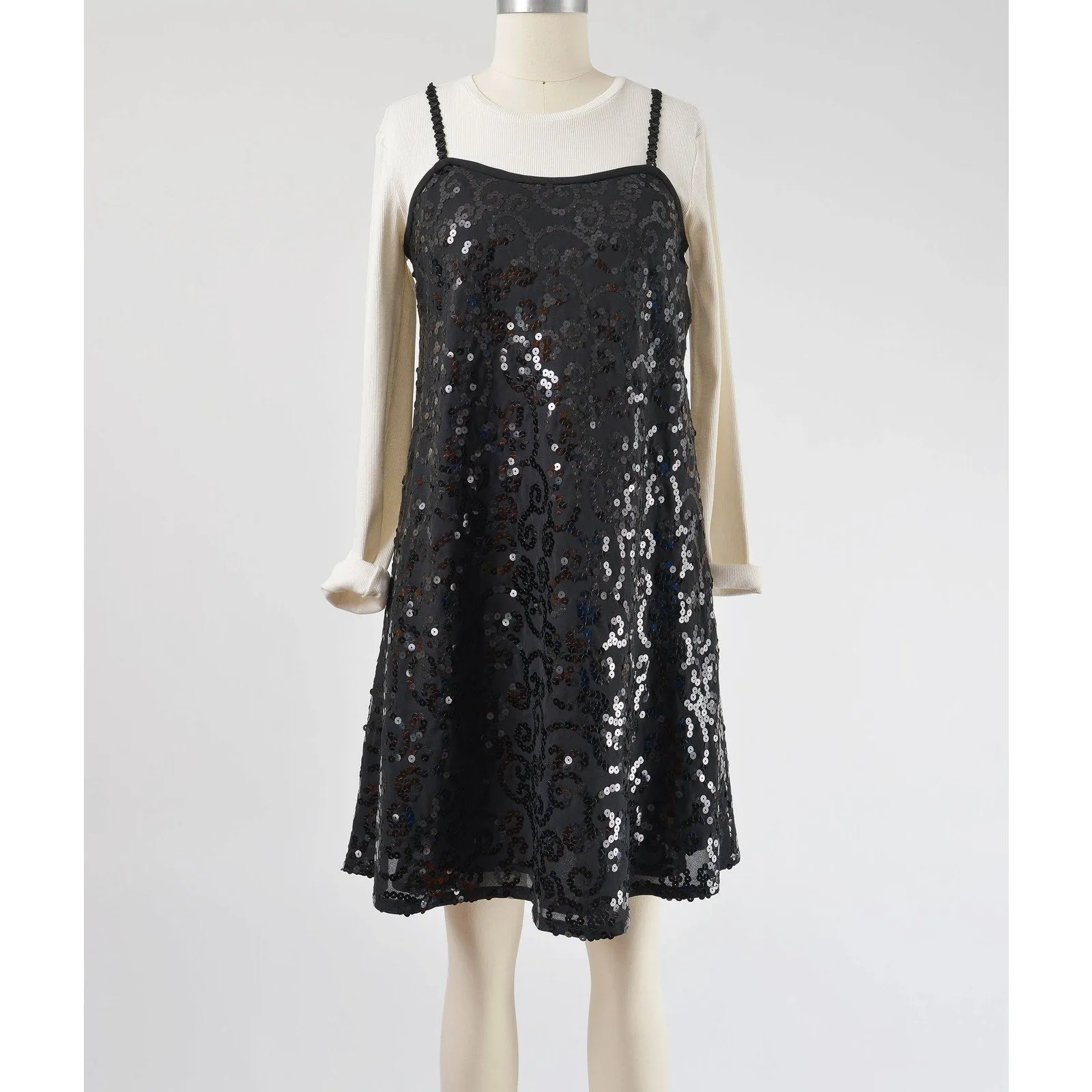 Vintage 90s Black Sequin Slip Dress Spaghetti Strap Evening Party A-line Shift Dress size S