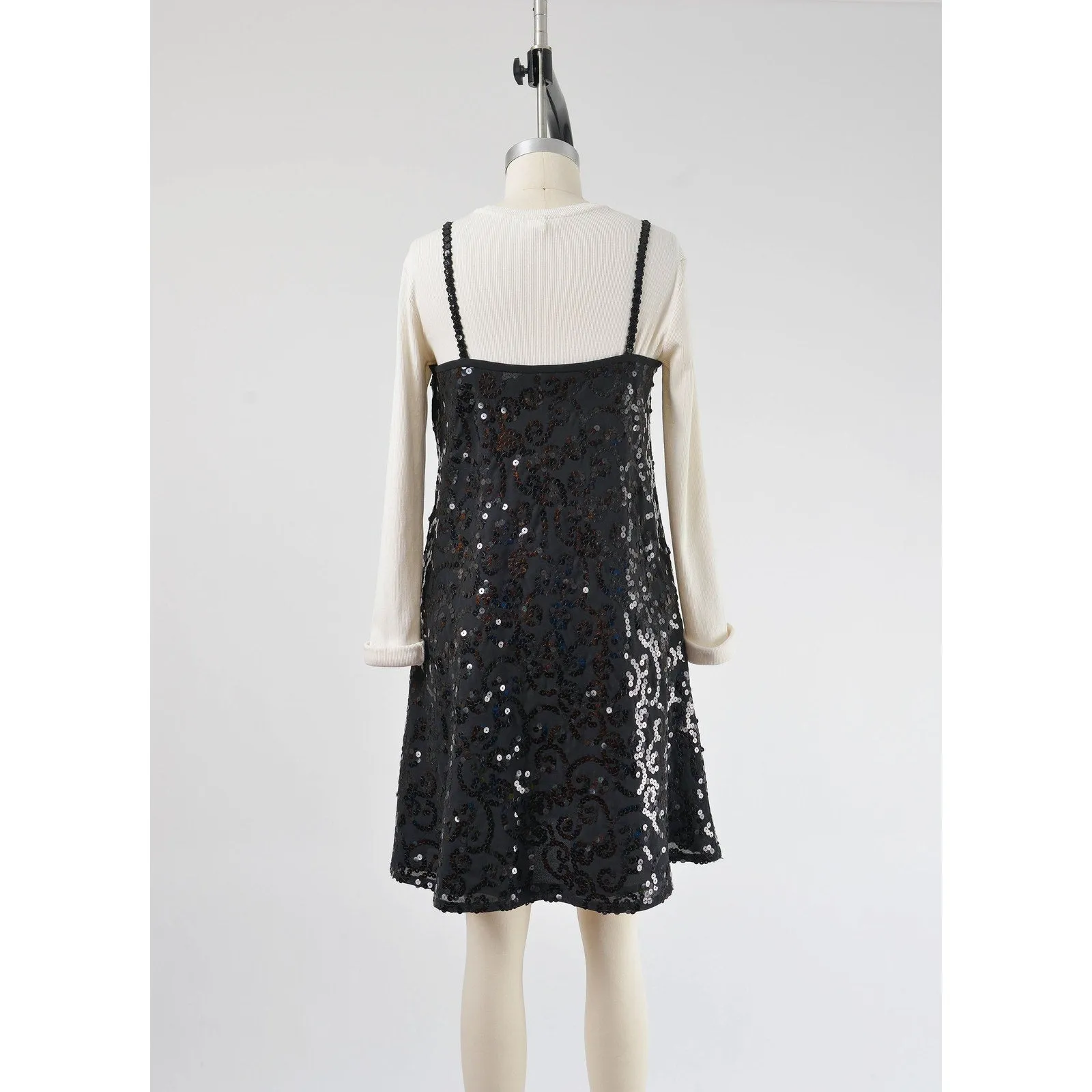 Vintage 90s Black Sequin Slip Dress Spaghetti Strap Evening Party A-line Shift Dress size S