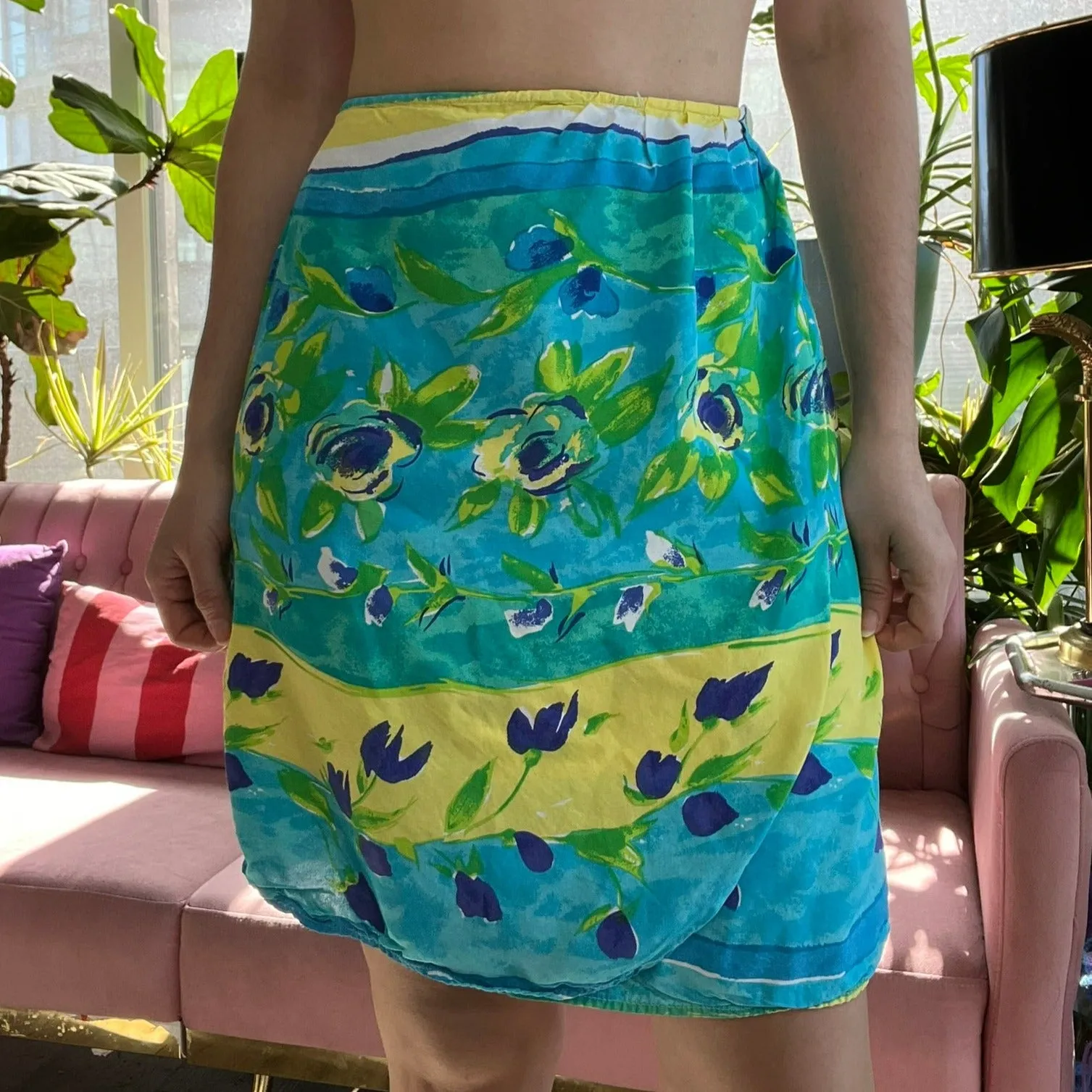 Vintage Aqua Blue Floral Wrap Skirt