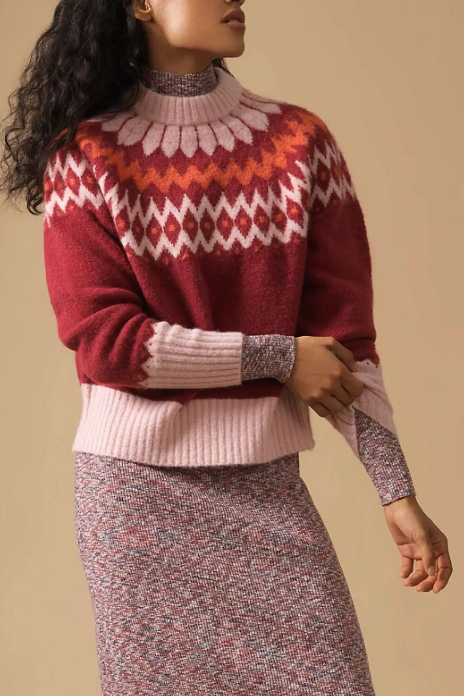 Winter Pattern Knit Crew Neck Jumper, Wine/Multi