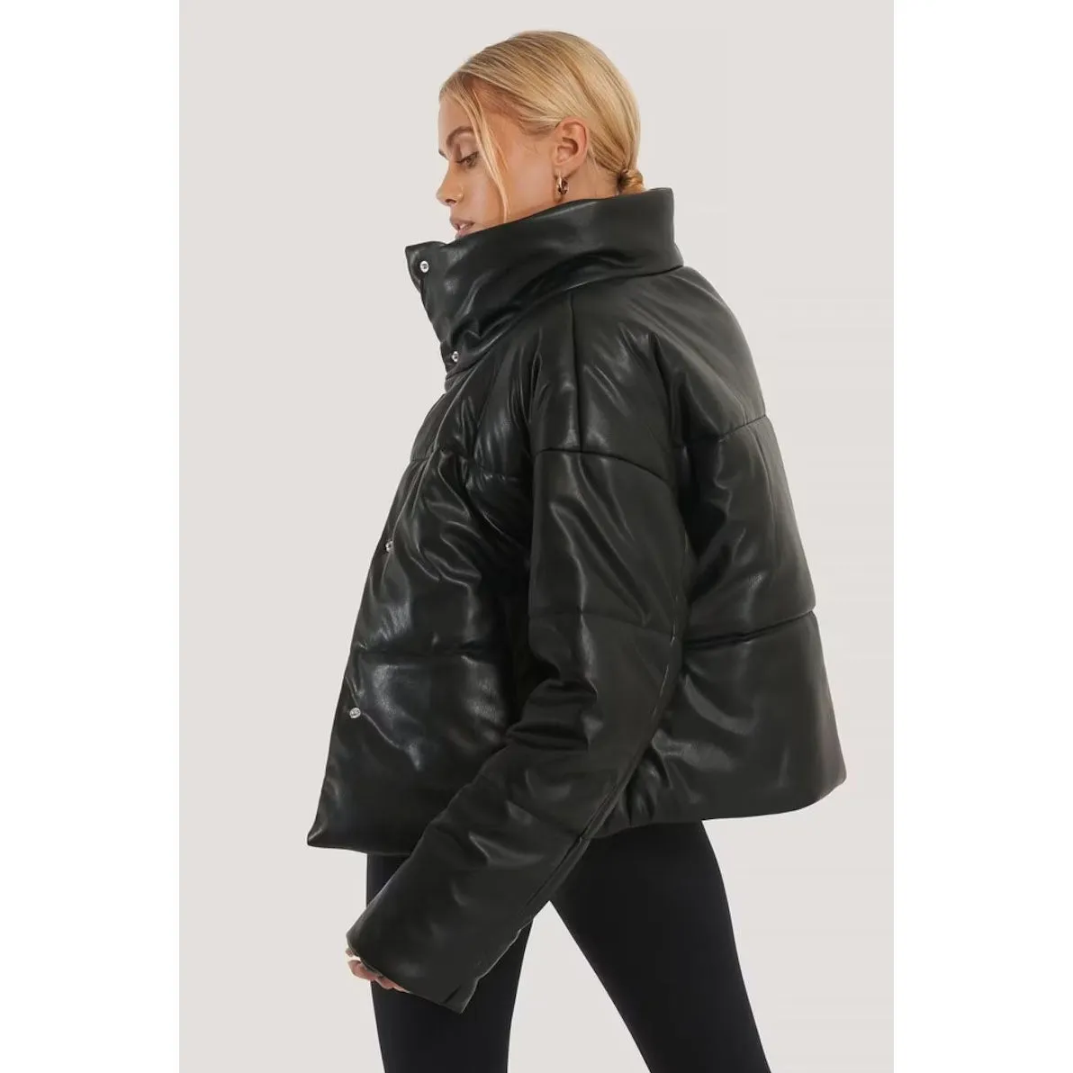 Women Black Leather Padded Jacket