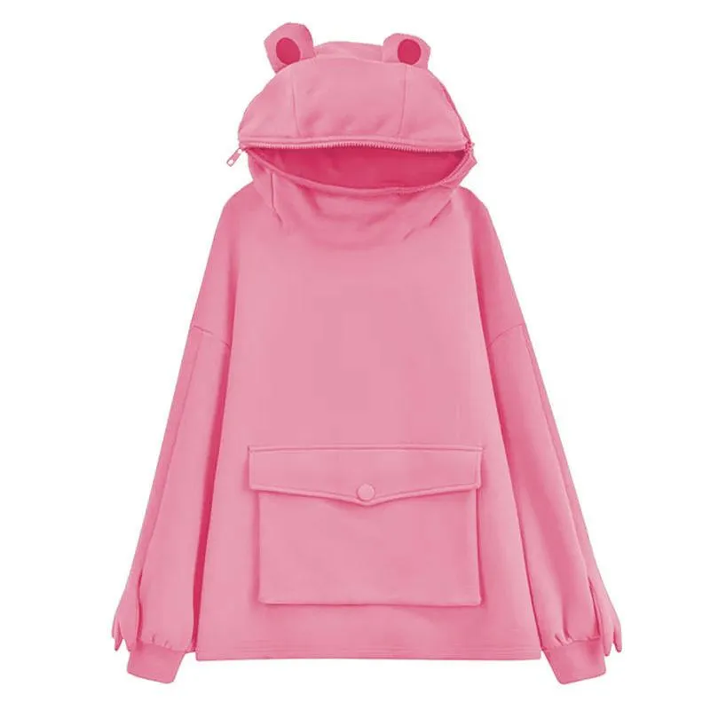 Women cute girl solid color frog hoodie sweatshirt with pocket