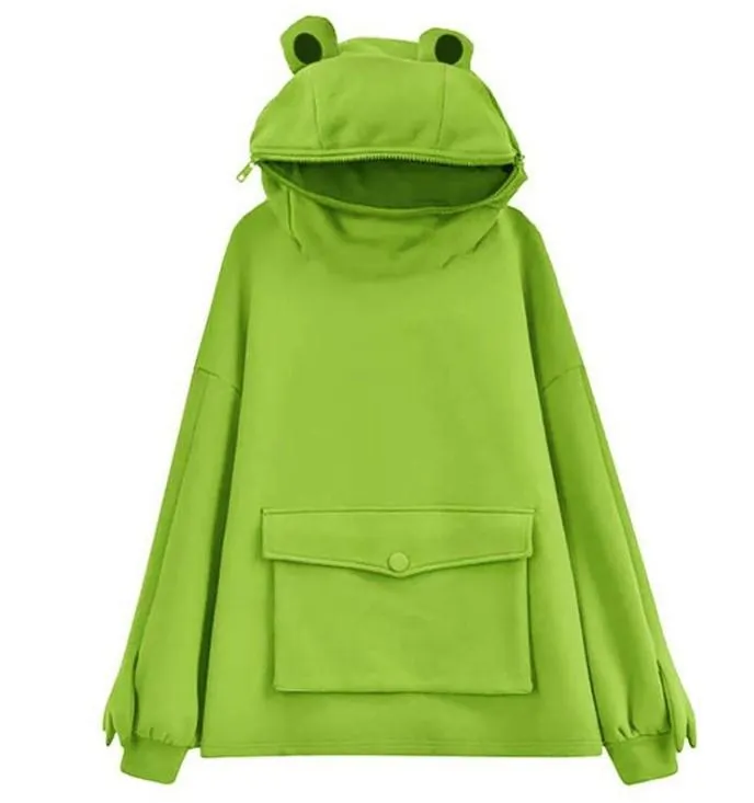 Women cute girl solid color frog hoodie sweatshirt with pocket