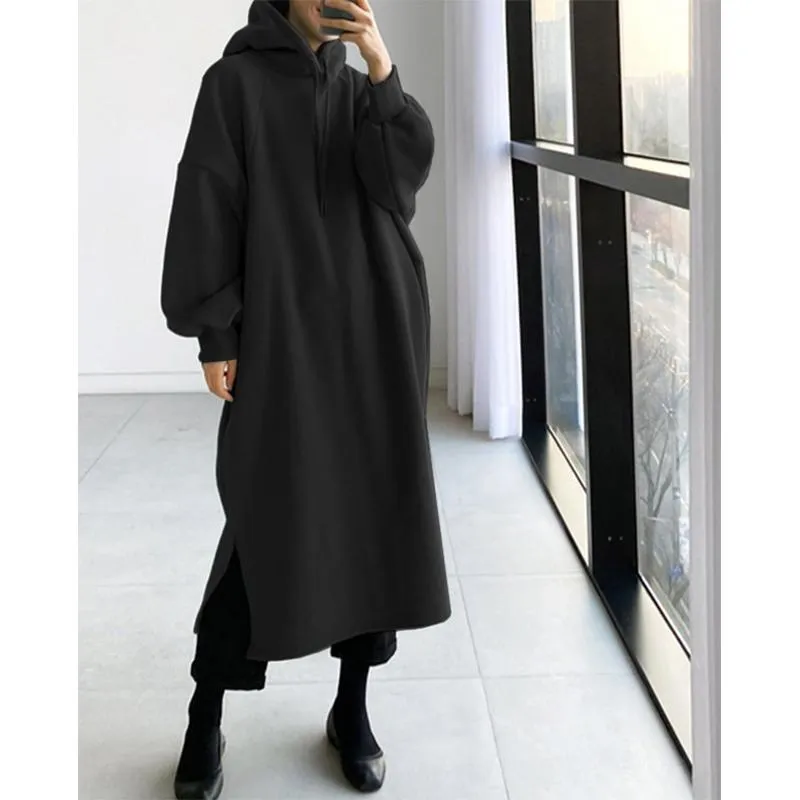 Women winter long solid color drawstring pullover hoodie sweatshirt