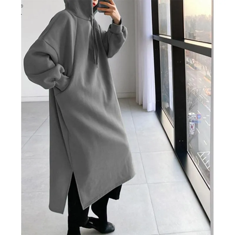 Women winter long solid color drawstring pullover hoodie sweatshirt