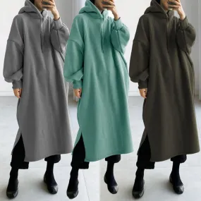 Women winter long solid color drawstring pullover hoodie sweatshirt