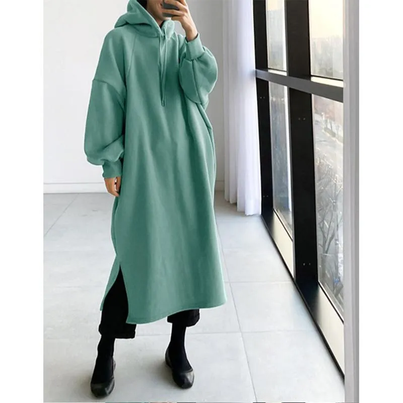 Women winter long solid color drawstring pullover hoodie sweatshirt