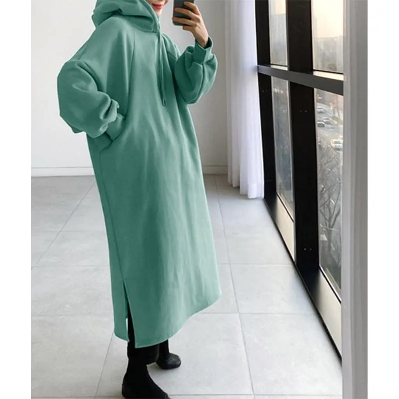 Women winter long solid color drawstring pullover hoodie sweatshirt