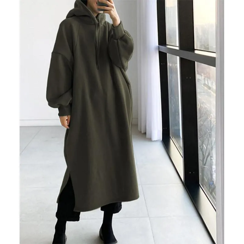 Women winter long solid color drawstring pullover hoodie sweatshirt