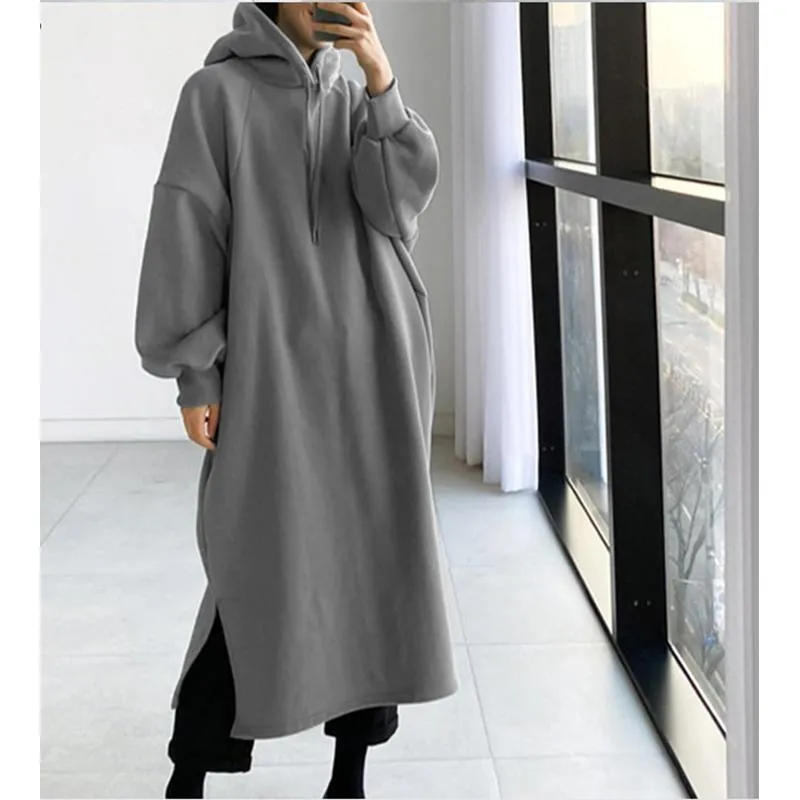 Women winter long solid color drawstring pullover hoodie sweatshirt