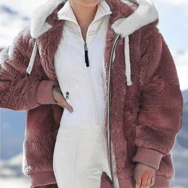 Women winter solid color drawstring hooded faux fur coat