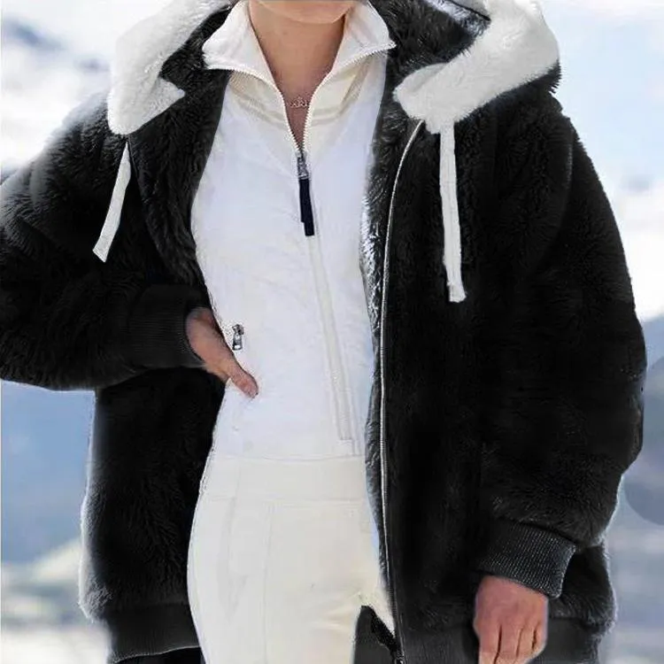 Women winter solid color drawstring hooded faux fur coat