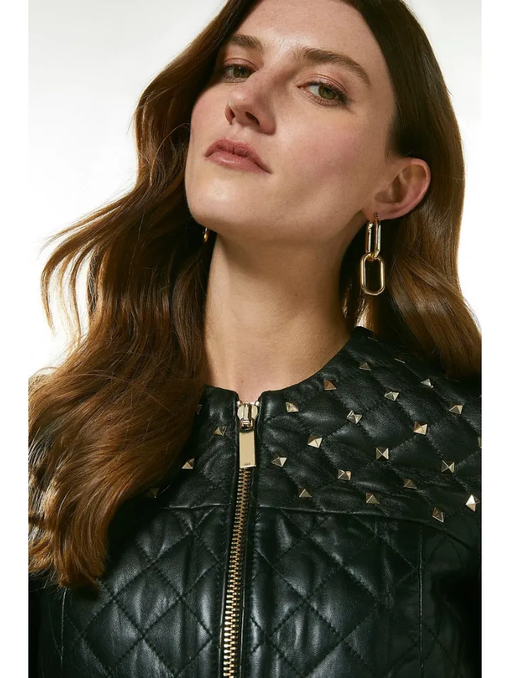 Women's Black Leather Studded Bomber Jacket