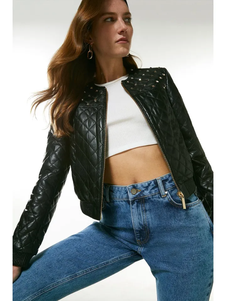 Women's Black Leather Studded Bomber Jacket