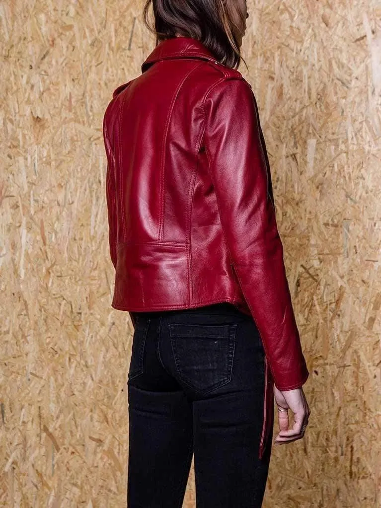 Women’s Dark Red Leather Biker Jacket