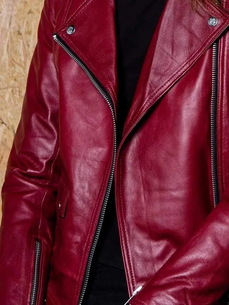 Women’s Dark Red Leather Biker Jacket