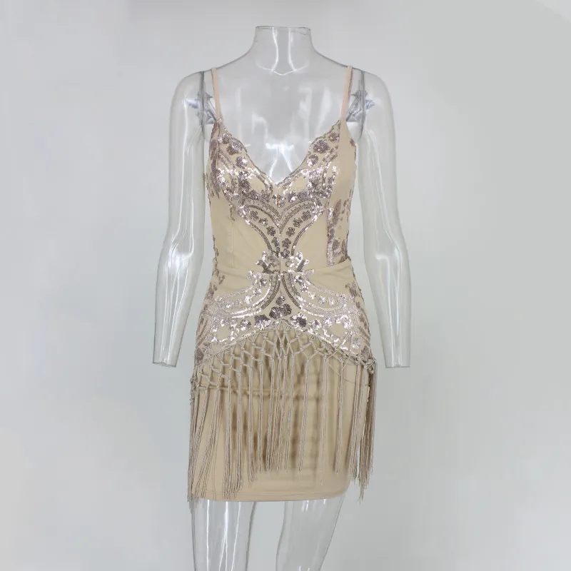 Women's Summer Sheath Sequin Mini Dress With Tassels