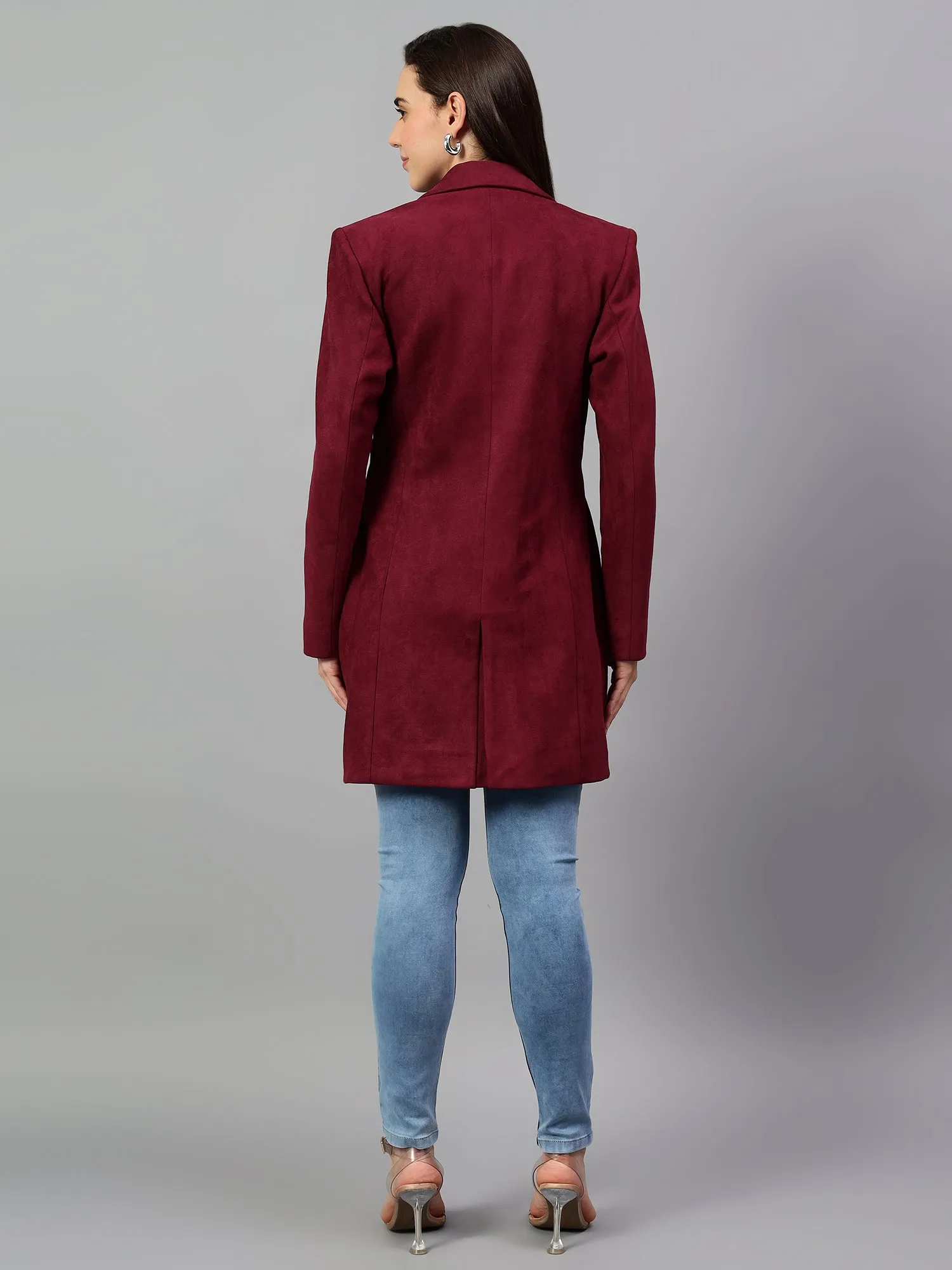 Women's Wine Solid Full Sleeves Winter Long Coat